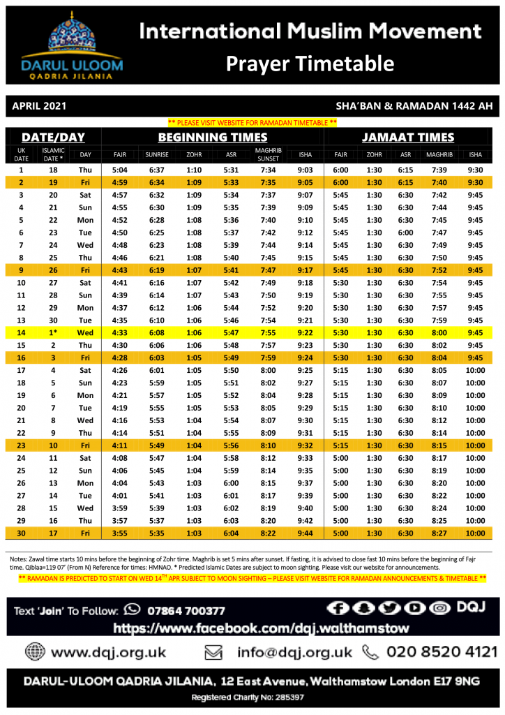 Monthly prayer timetable Darul Uloom Qadria Jilania Walthamstow