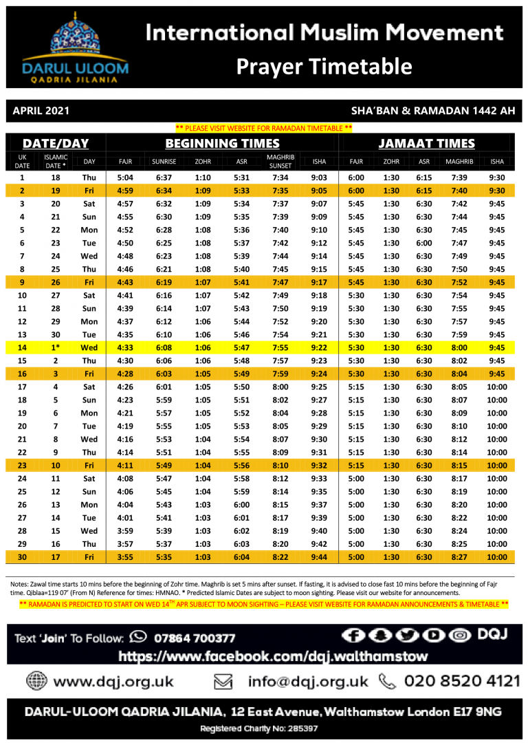 Monthly prayer timetable Darul Uloom Qadria Jilania Walthamstow