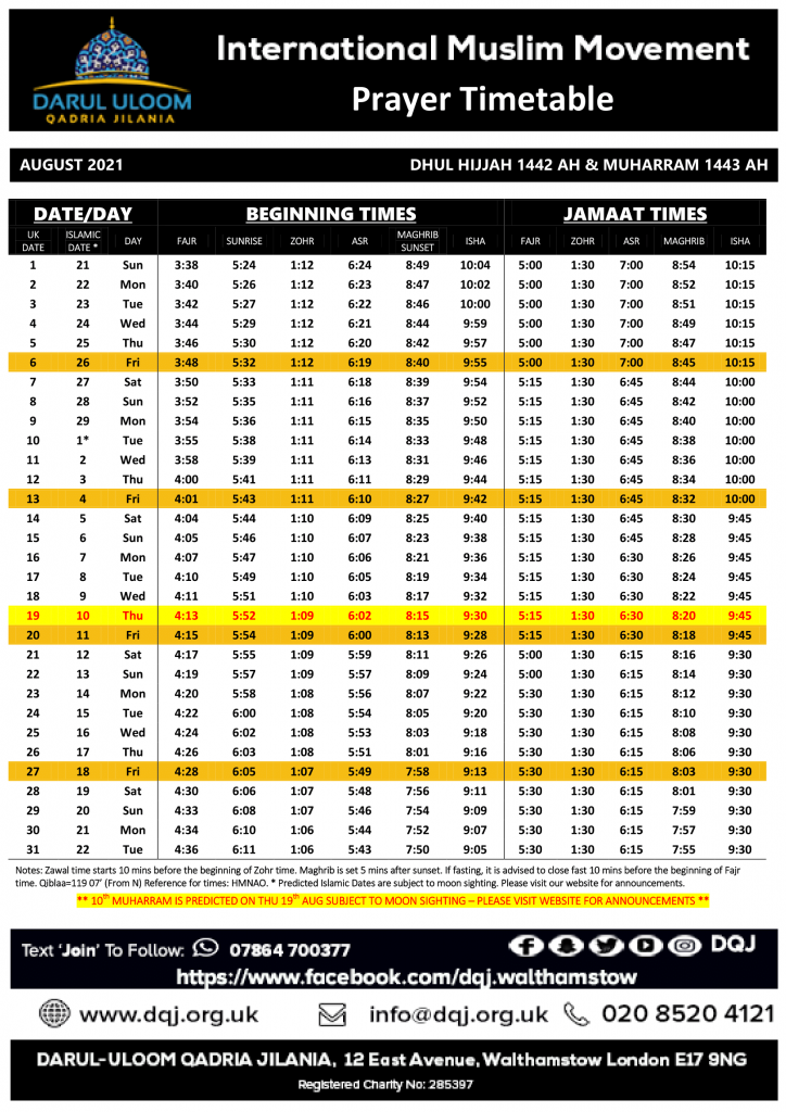 Monthly prayer timetable Darul Uloom Qadria Jilania Walthamstow