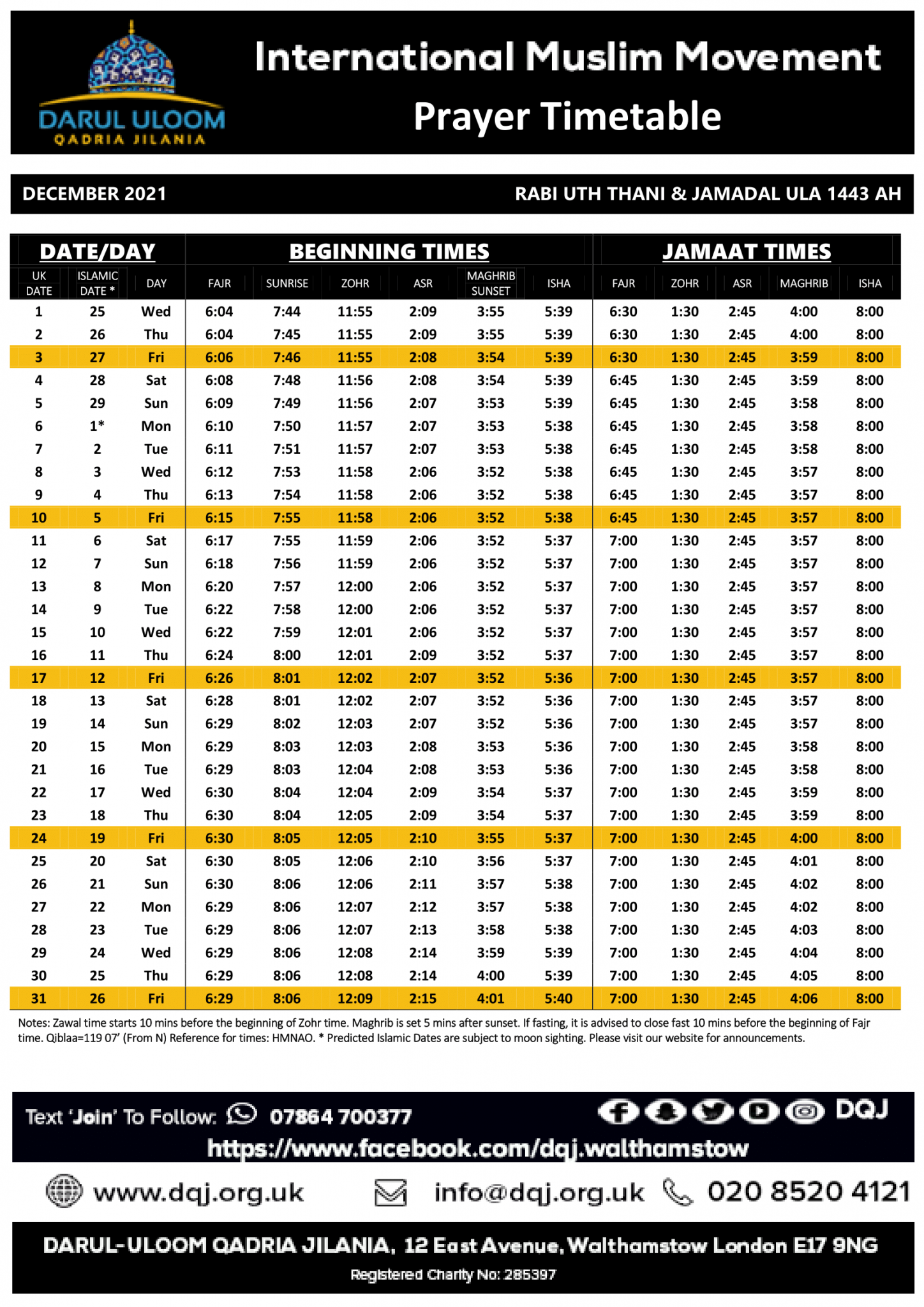 Monthly prayer timetable Darul Uloom Qadria Jilania Walthamstow Monthly prayer timetable Darul Uloom Qadria Jilania Walthamstow