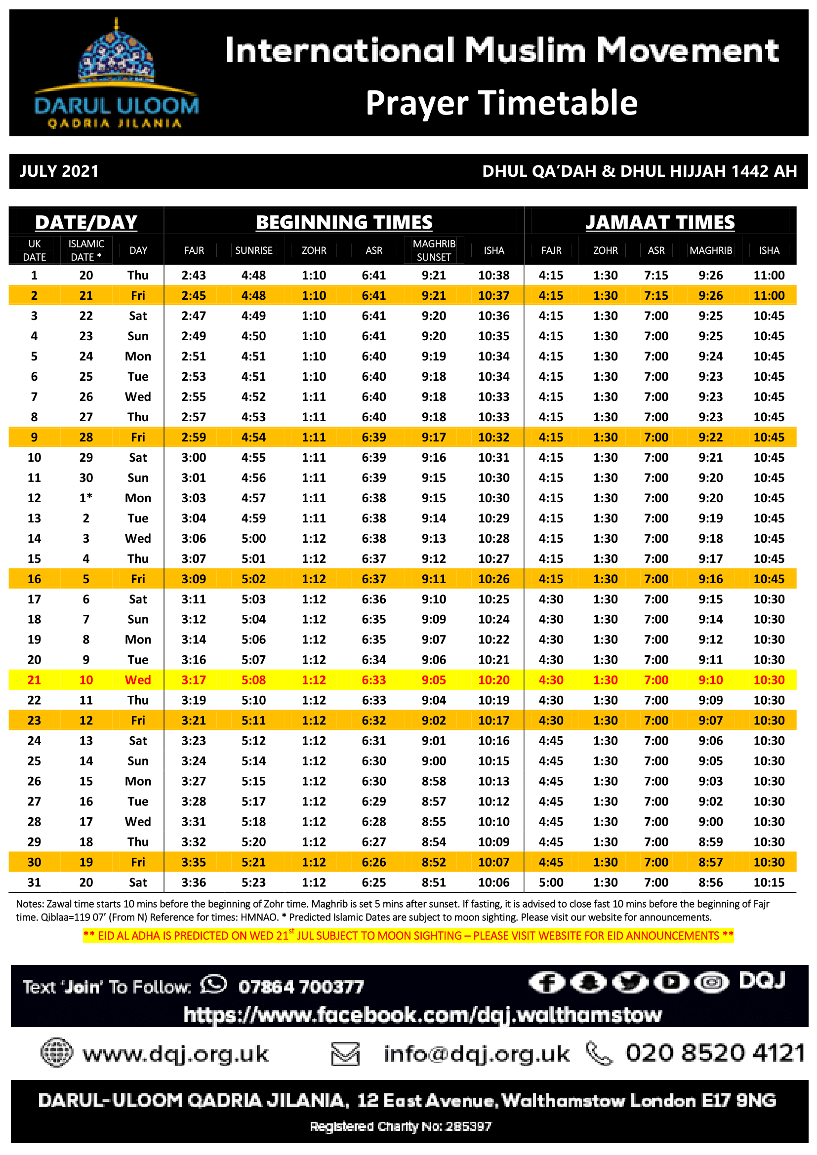 Monthly prayer timetable Darul Uloom Qadria Jilania Walthamstow Monthly prayer timetable Darul Uloom Qadria Jilania Walthamstow