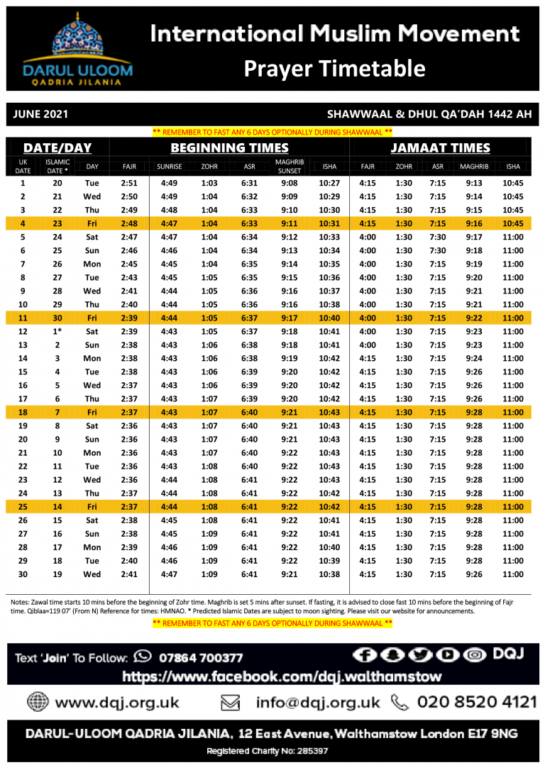 Monthly prayer timetable Darul Uloom Qadria Jilania Walthamstow