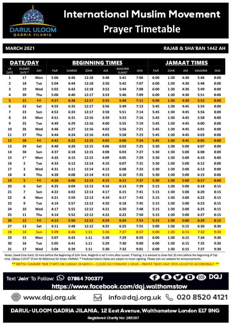 Monthly prayer timetable Darul Uloom Qadria Jilania Walthamstow Monthly prayer timetable Darul Uloom Qadria Jilania Walthamstow