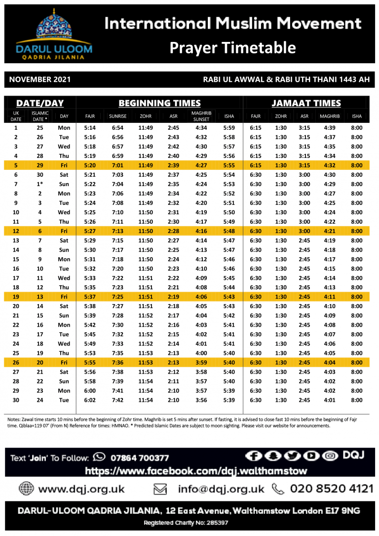 Monthly prayer timetable Darul Uloom Qadria Jilania Walthamstow Monthly prayer timetable Darul Uloom Qadria Jilania Walthamstow
