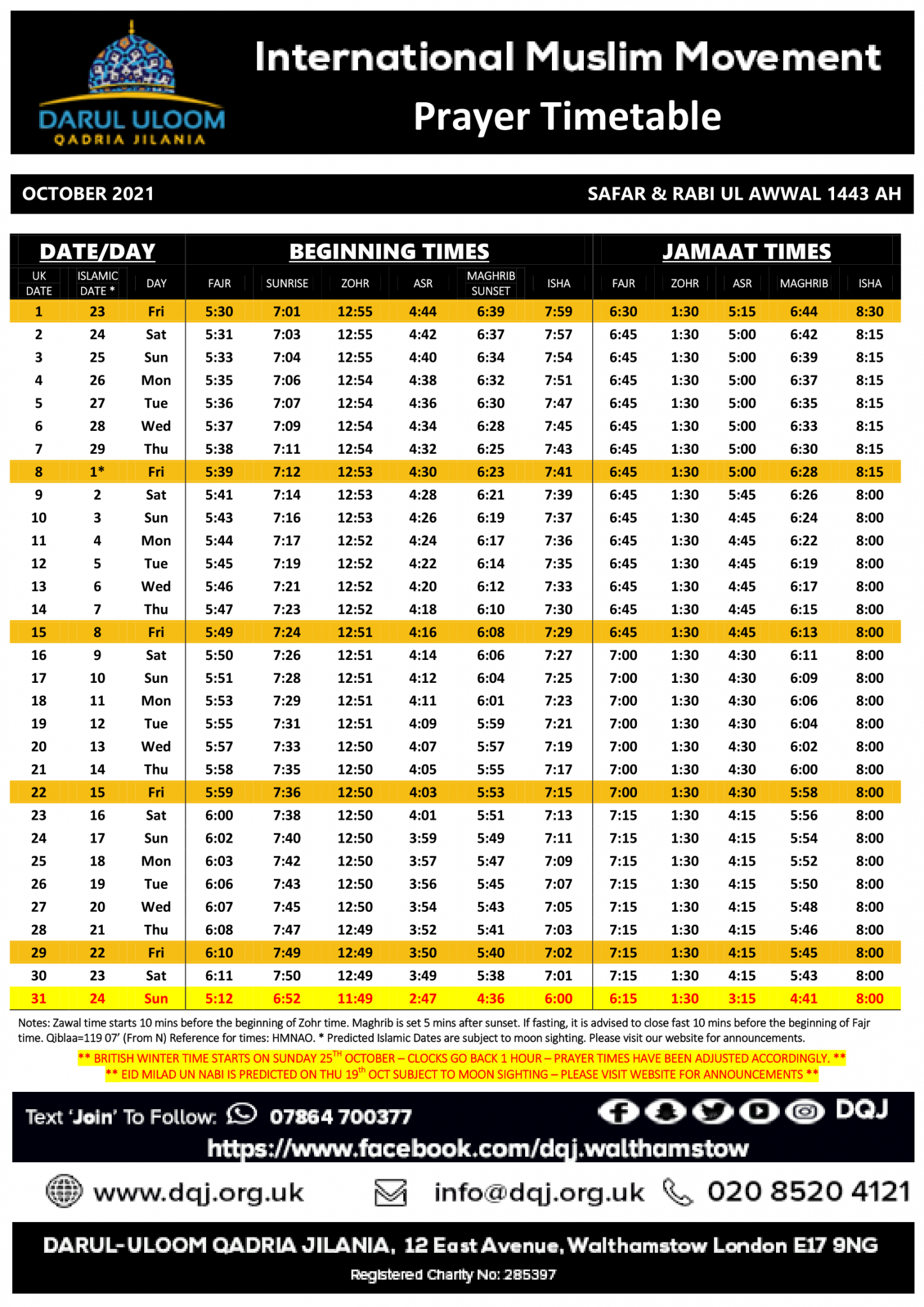 Monthly prayer timetable Darul Uloom Qadria Jilania Walthamstow Monthly prayer timetable Darul Uloom Qadria Jilania Walthamstow