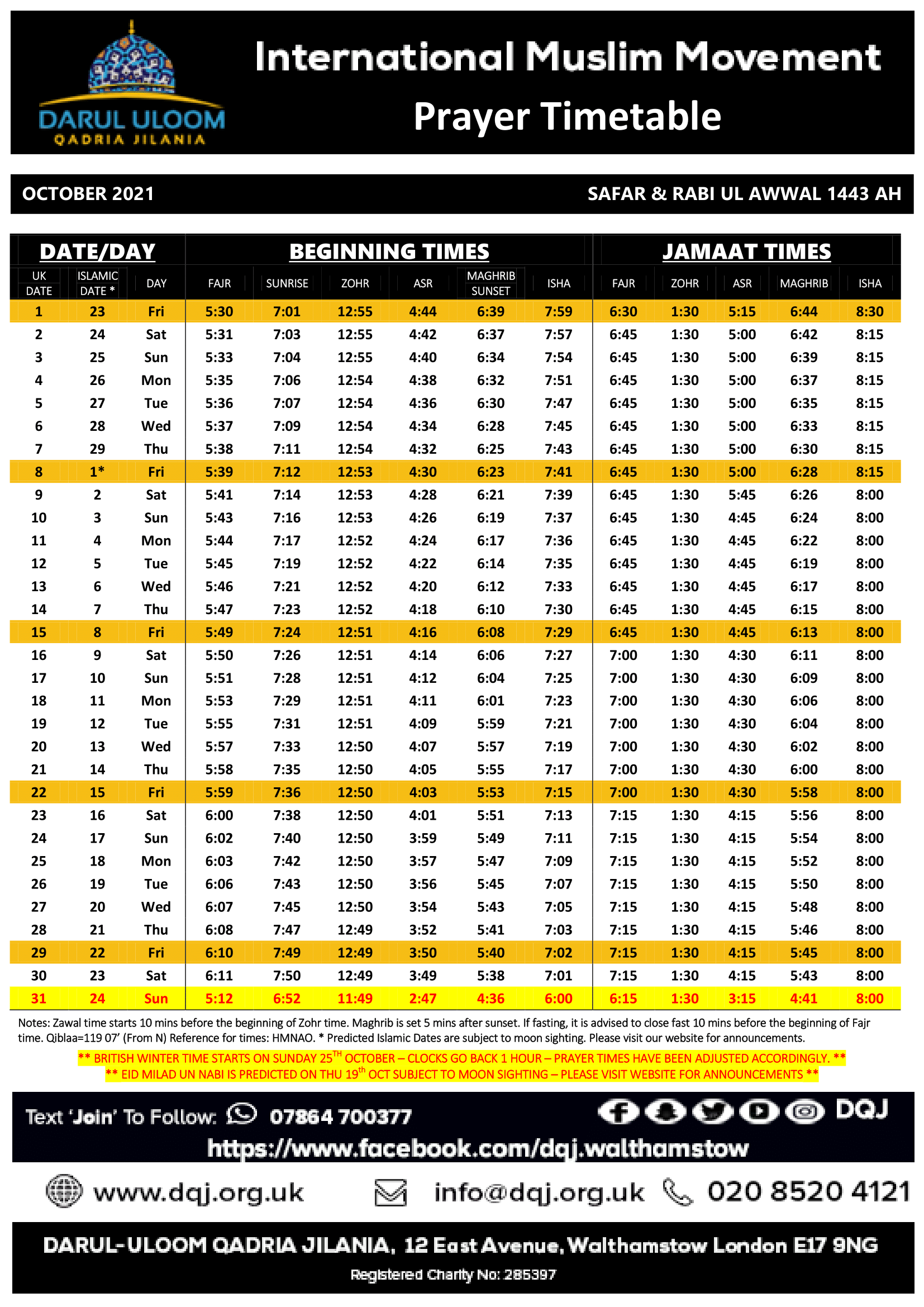 Monthly prayer timetable Darul Uloom Qadria Jilania Walthamstow Monthly prayer timetable Darul Uloom Qadria Jilania Walthamstow