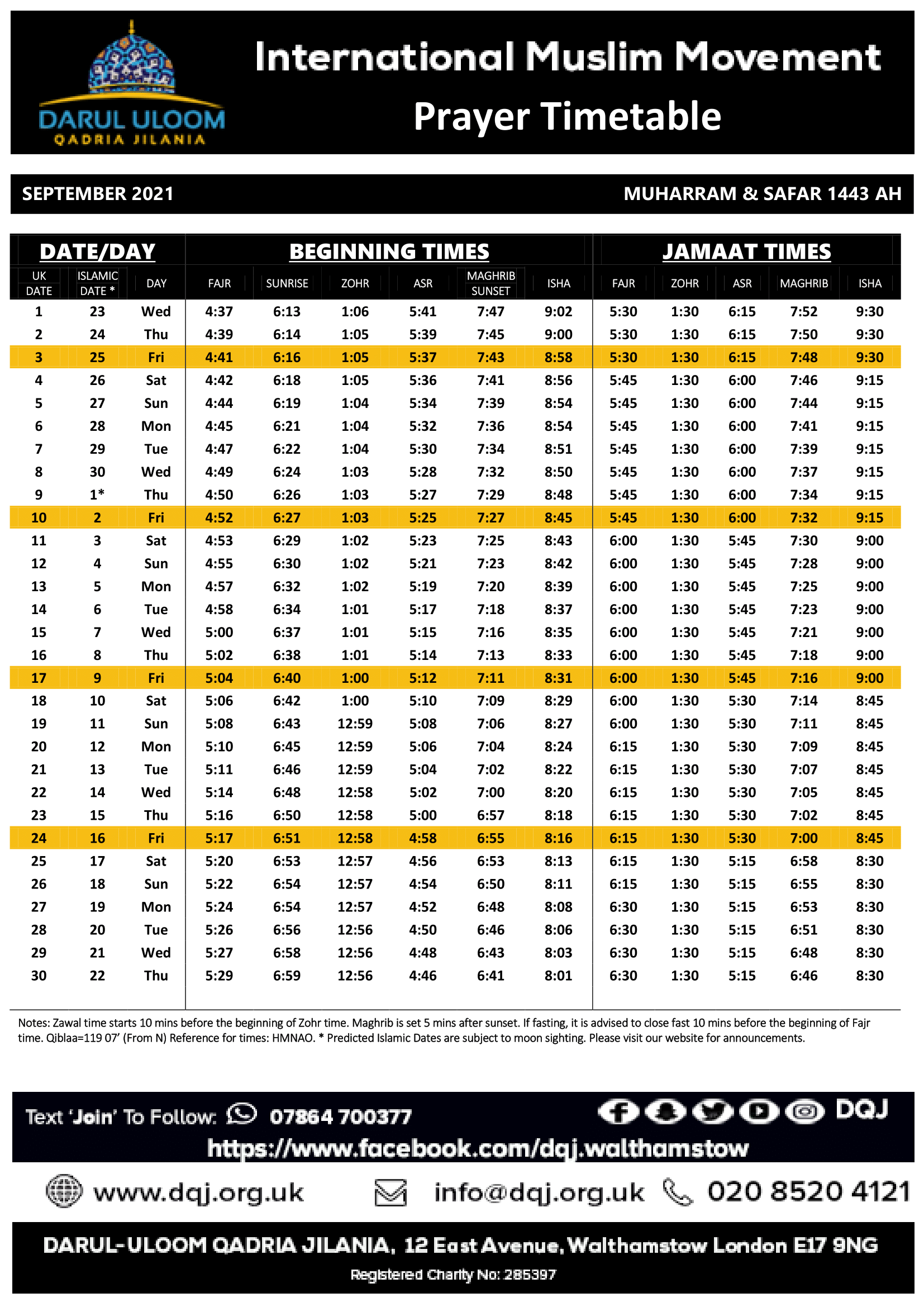Monthly prayer timetable Darul Uloom Qadria Jilania Walthamstow Monthly prayer timetable Darul Uloom Qadria Jilania Walthamstow